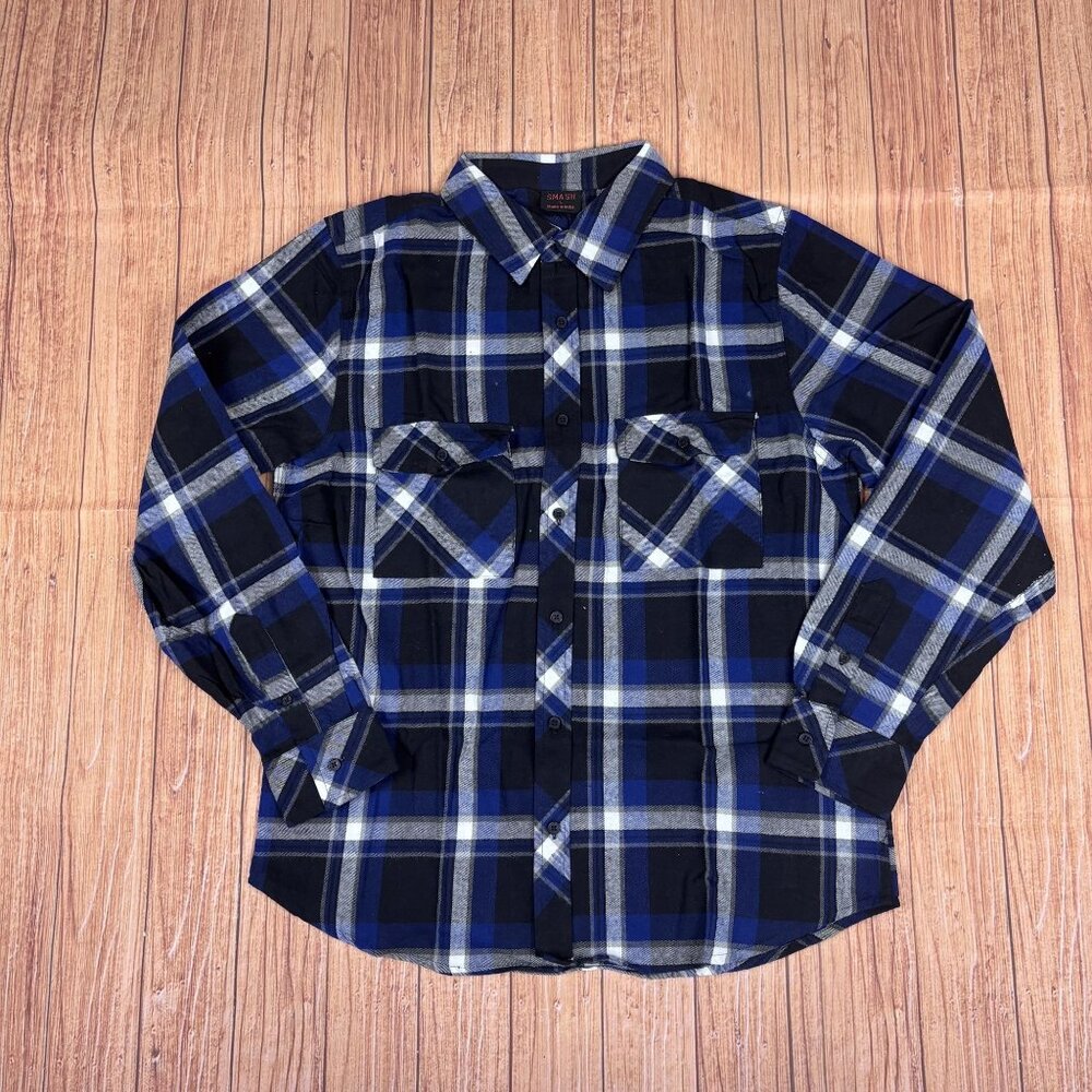 Mens Long Sleeve Blue & Black Plaid Button-Up Shirt Size L By Smash